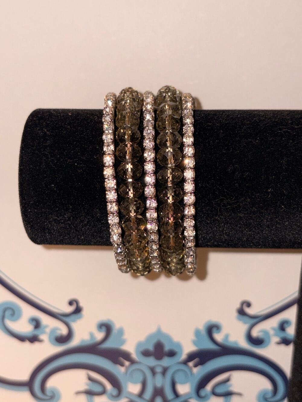 Smokey Quartz Crystal & Rhinestone Coil Wrap Bracelet Multi Row Cuff